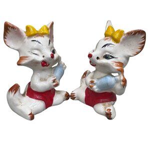 Vintage Anthropomorphic Ceramic Fox Salt & Pepper Shakers Enesco Sticker
